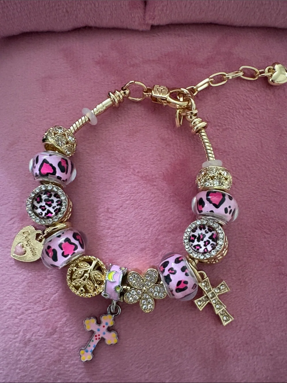 Gold-Tone Pink Leopard Bead Charm Bracelet - Women Jewelry